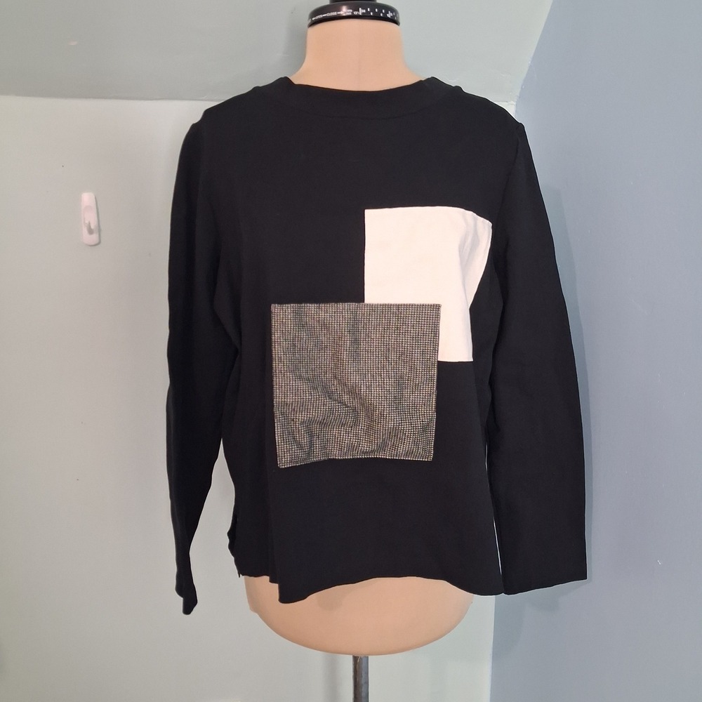 Peruzzi Italy Black Colorblock Geometric Patch Long Sleeve Artsy Top Size 40